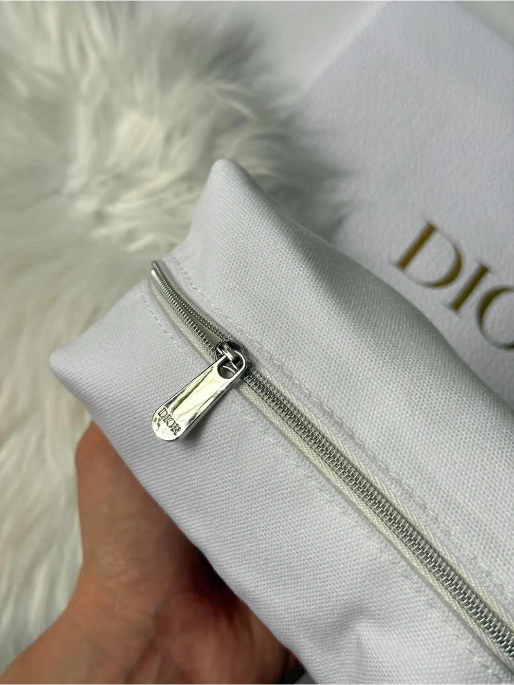 Miss Dior White Canvas Pouch with Pink 'Miss Dior' Embroidery New